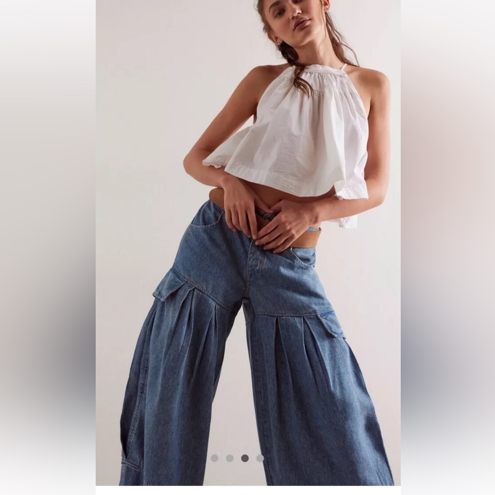 Free People Soleil Balloon Jeans We The Free Pleated Dirt Road Blue - Picture 3 of 6